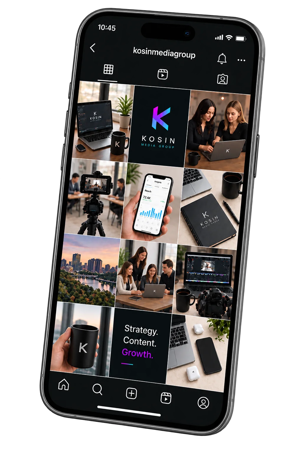 Phone showing the Kosin Media Group Instagram grid